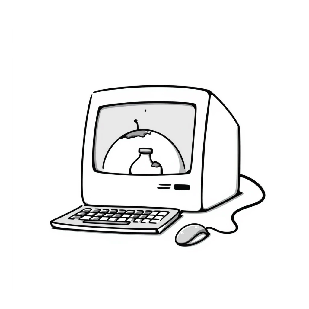 Pixel art style old Macintosh computer, simple monochrome linework sticker