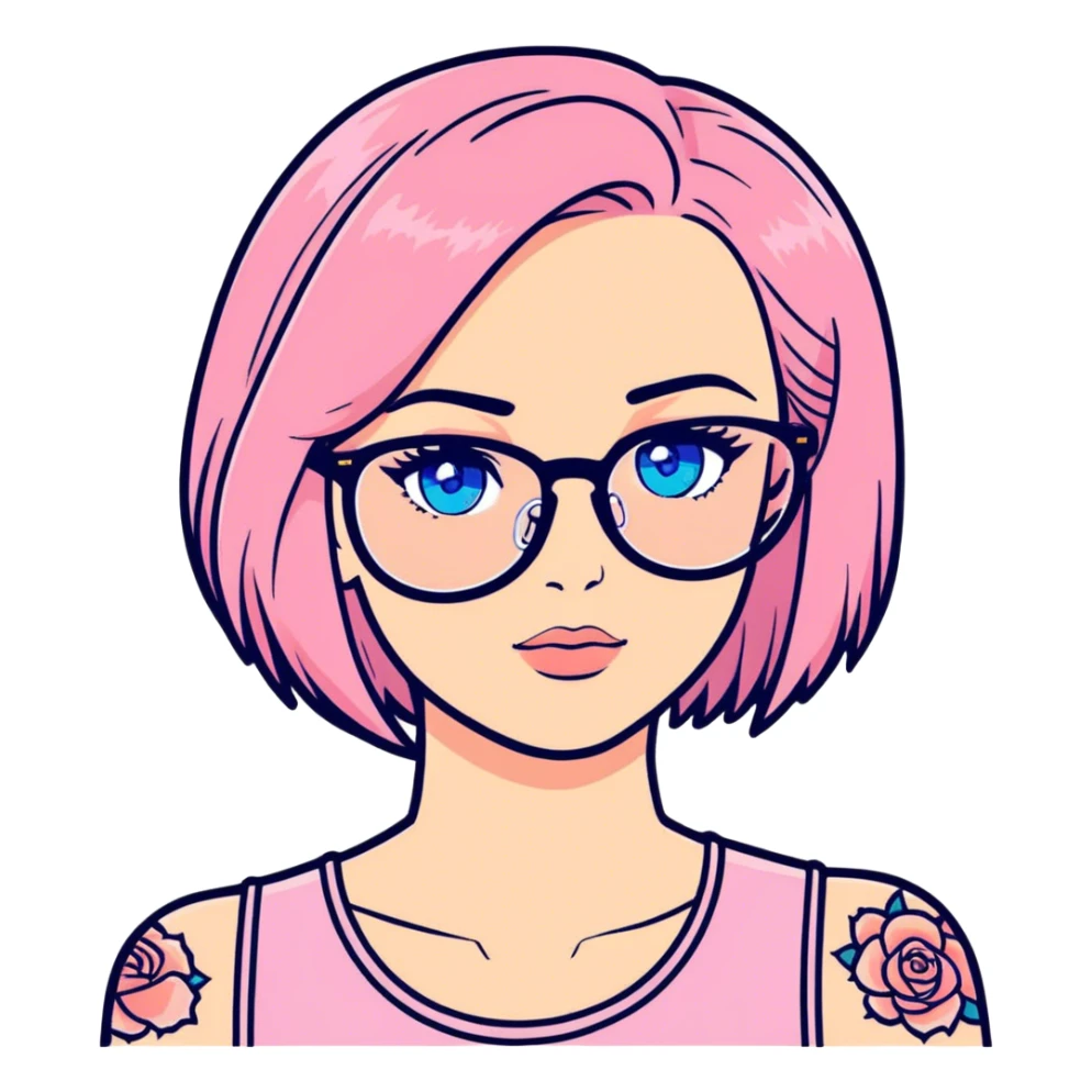 Realistic beautiful woman model, blue eyes and glasses, pink shoulder length hair, shoulder tattoo  sticker