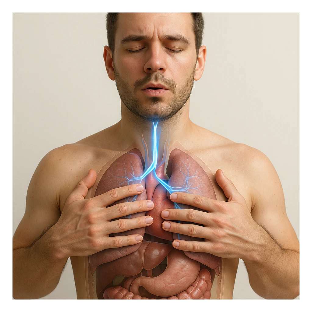 realistic 4K image of a man improving his vagus nerve through breathing protocols, front view, anatomical details, highlighted vagus nerve path with blue glowing effect, man with hands on chest breathing deeply, transparency on internal organs, light background sticker