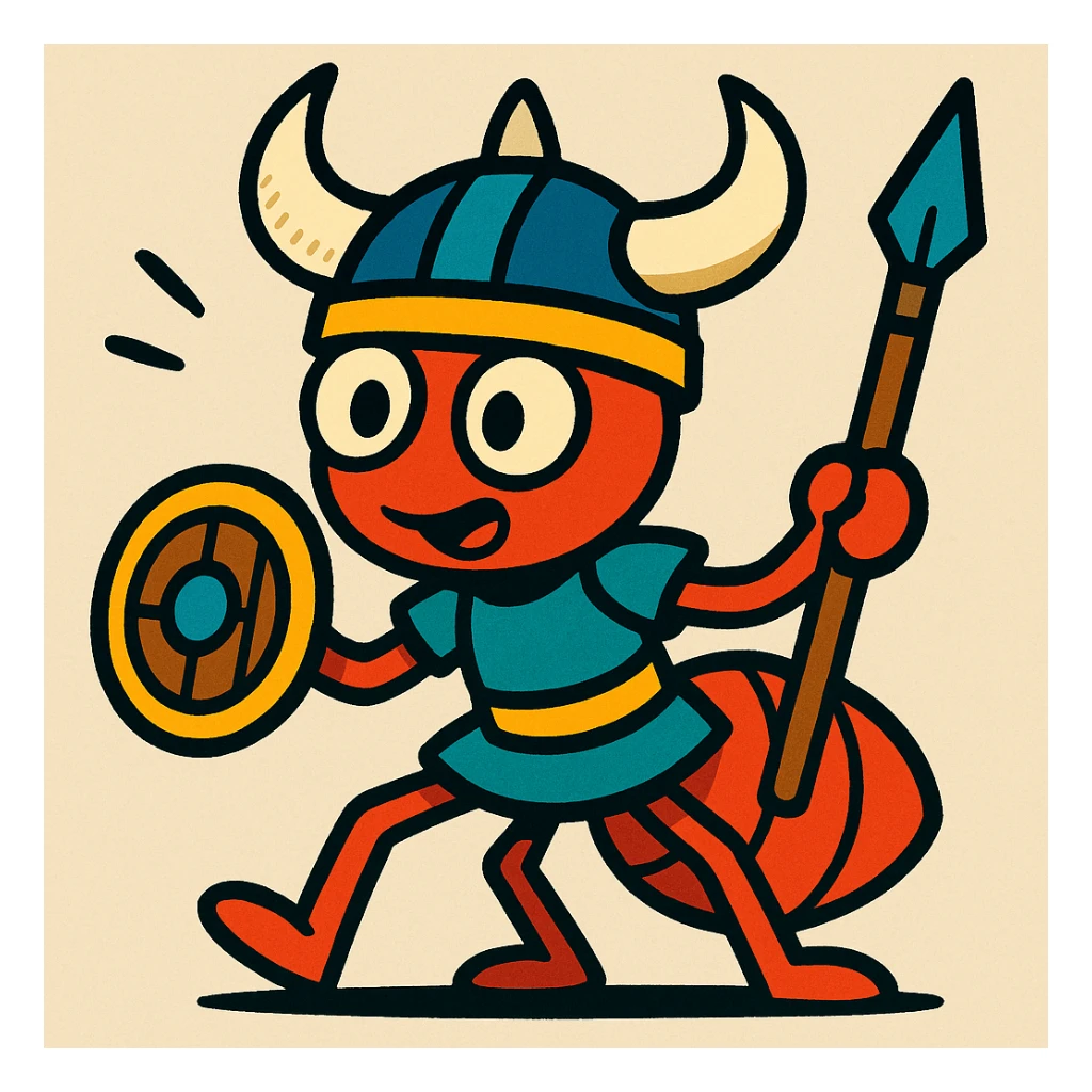 viking warrior ant, horned helmet, tiny shield, cartoon style, vibrant colors, bold lines sticker