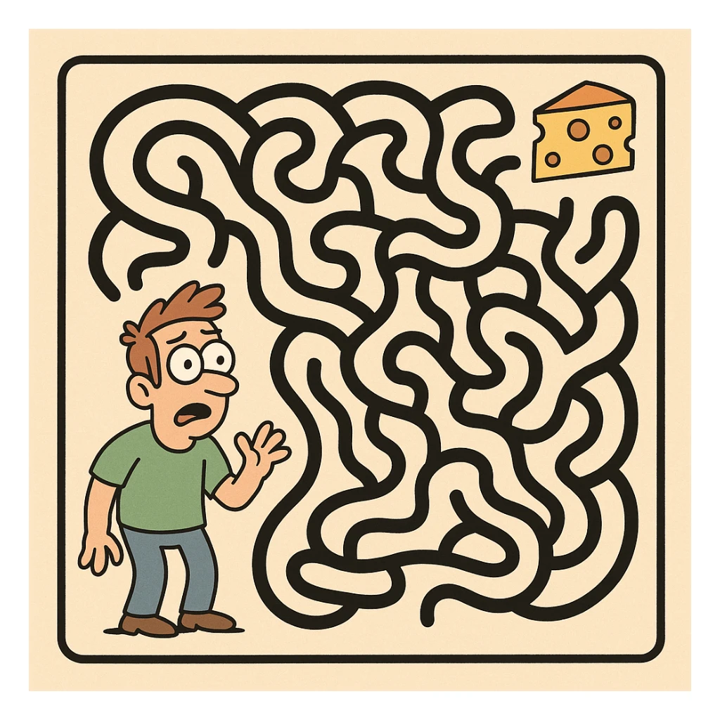 a maze in a playful cartoon style, simple and fun sticker
