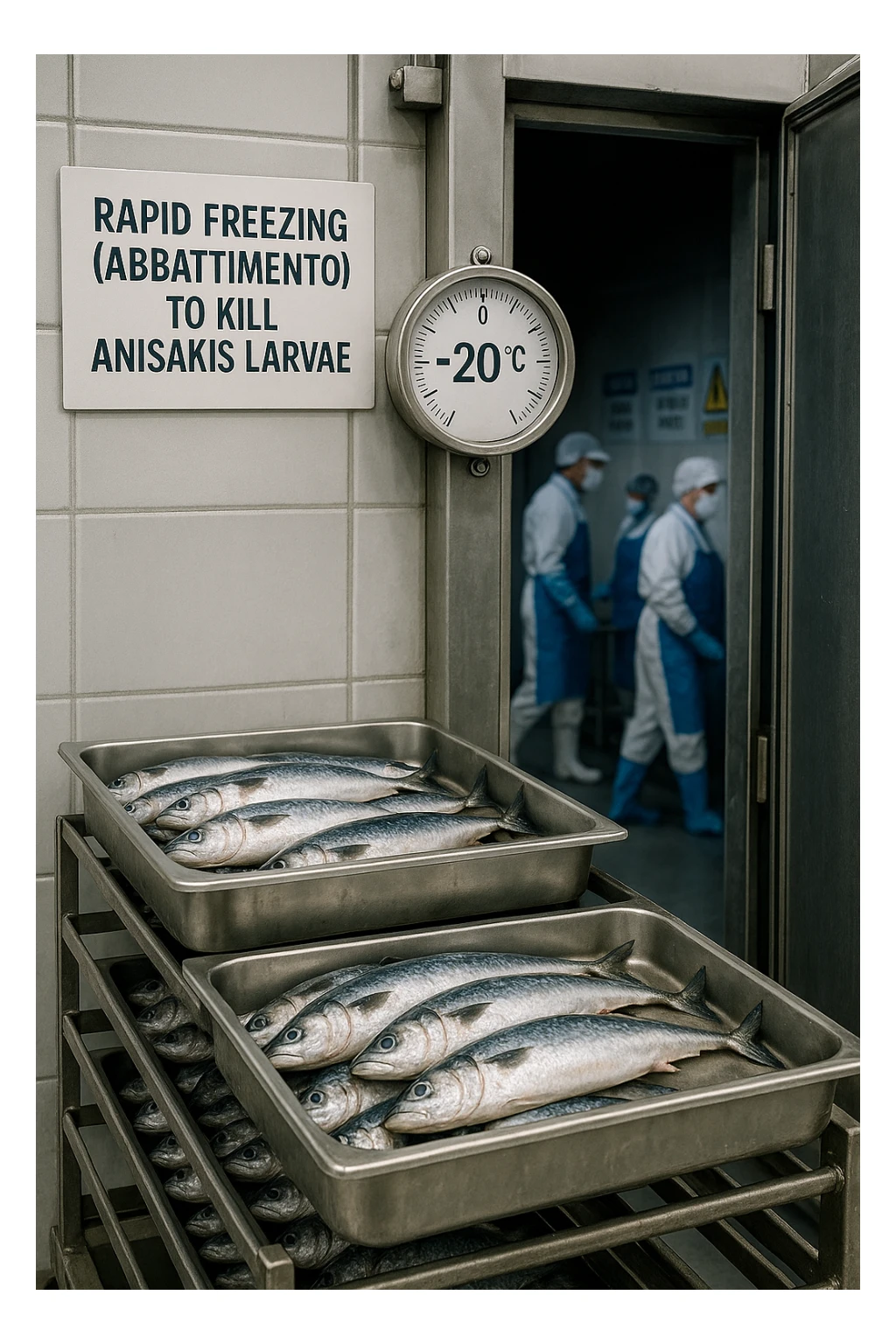 a fish processing facility where freshly caught fish are placed on trays and moved into a large industrial freezer. A temperature gauge shows -20°C, and an educational label explains that rapid freezing (abbattimento) is used to kill Anisakis larvae. The background includes workers in protective clothing and clear signage about food safety. sticker