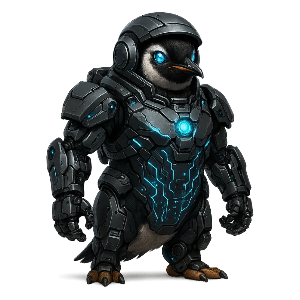 a penguin as a space soldier and cyborg, futuristic armor, robotic enhancements, sci-fi details sticker