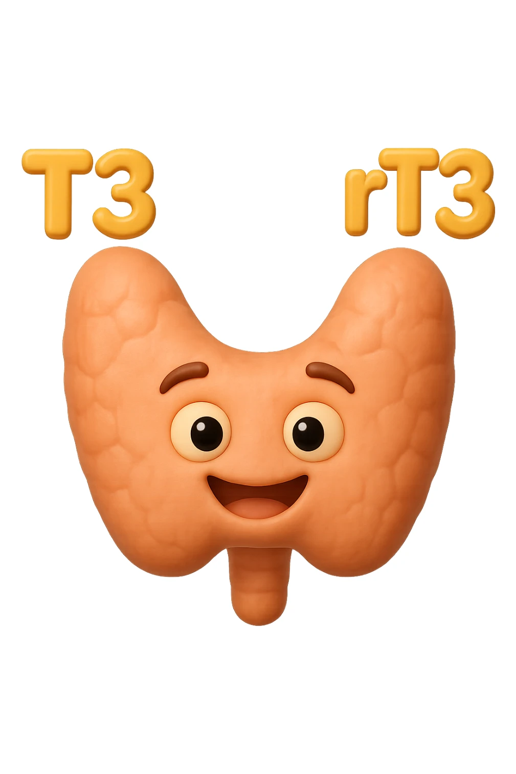 EMOJI STILE IPHONE 3D DI ormoni tiroidei (T3 ed rT3) che fluttuano in aria intorno ad una tiroide felice, iperrealistico 4k sticker