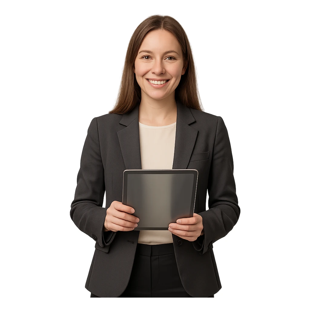quest guide woman with straight light brown hair, academic outfit including blazer, blouse, pants, smiling, holding a digital tablet sticker