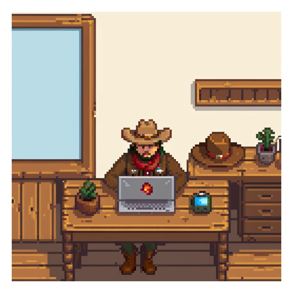 Frontier explorer with cowboy hat using a laptop on a wooden desk sticker