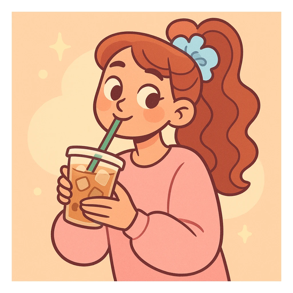 girly pop pinterest vibe, iced coffee, scrunchie, cozy, soft lighting sticker
