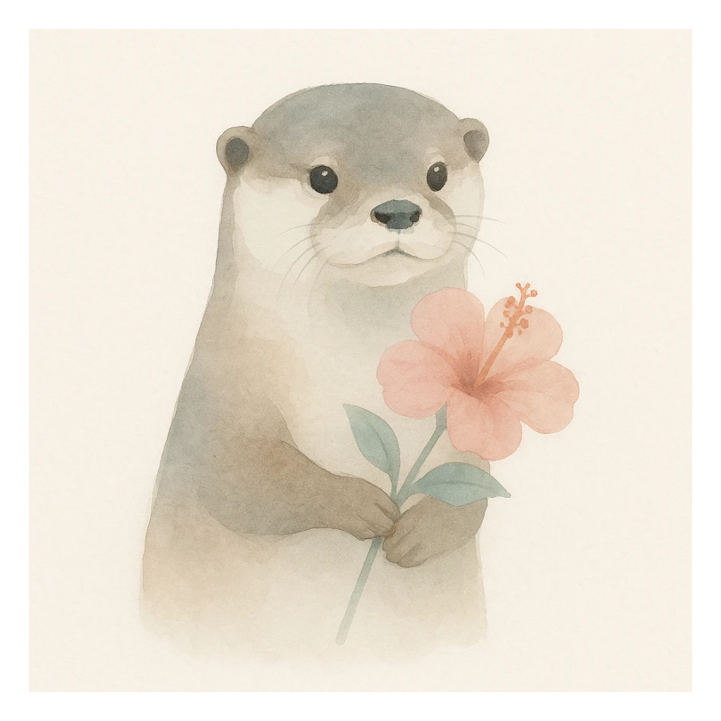 a realistic otter with a pink hibiscus, watercolor art style sticker