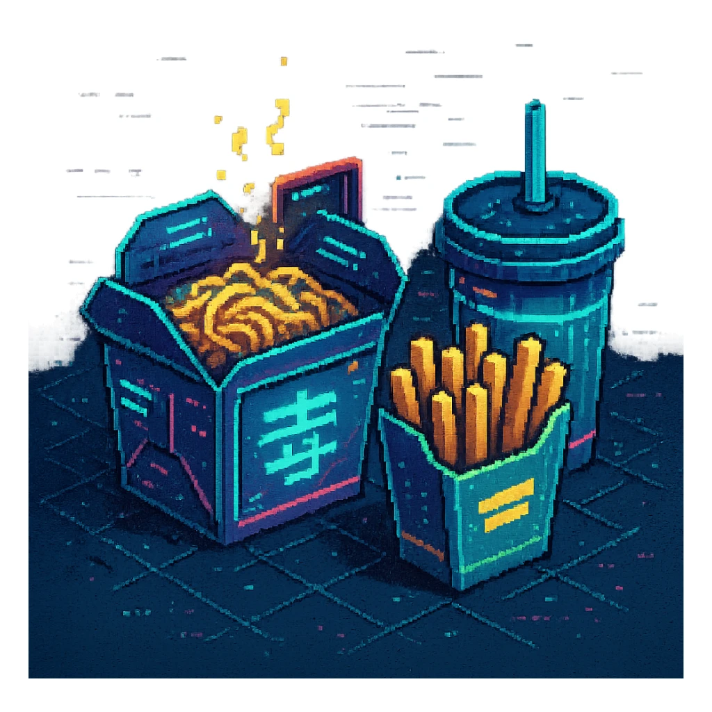 cyberpunk futuristic, 3d isometric, item image, video game item, inventory icon, the image depicts a small box of takeout, takeaway, chinese takeout food, delivery food. futuristic drive-through, fries, bag and drink. dystopian. pixelated retro video game graphics sticker