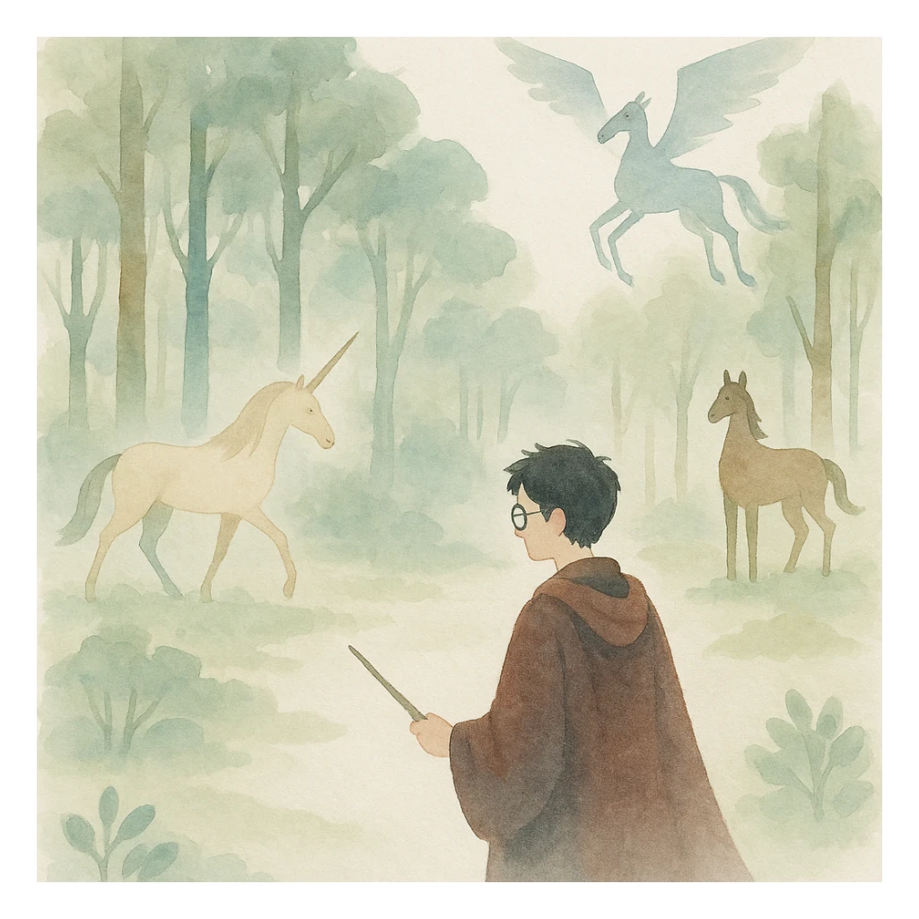 Harry Potter series, watercolor art style, the Forbidden Forest with magical creatures sticker