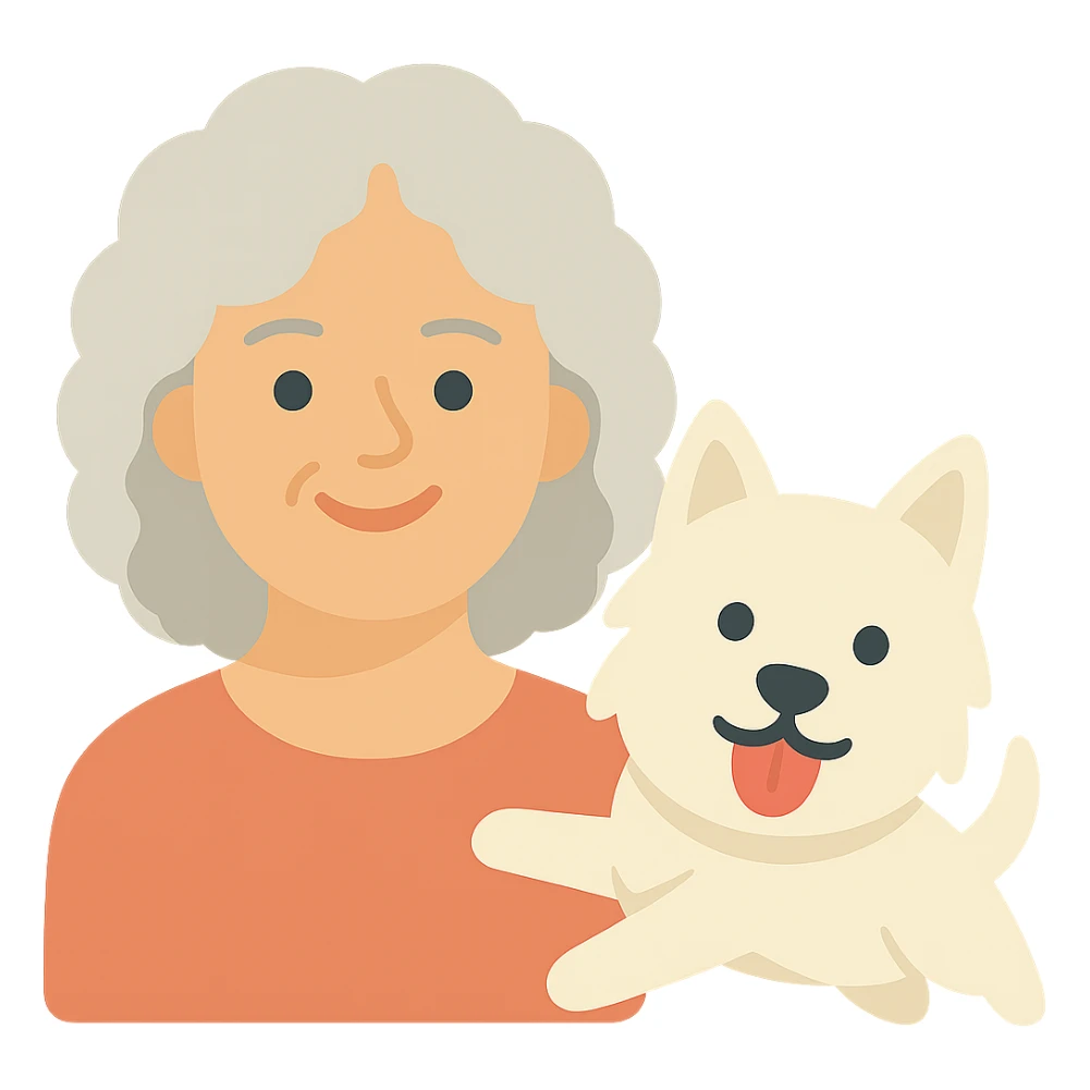 Make the Westie dog playful, with an energetic pose or playful expression, keep the 50-year-old lady with silver curly hair smiling sticker