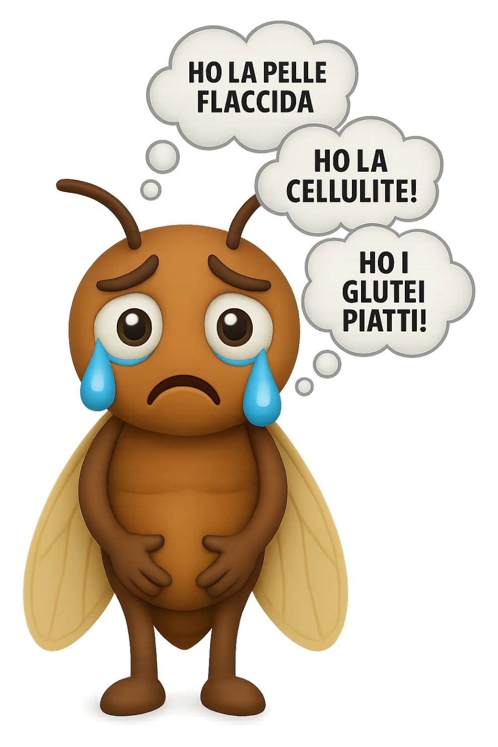 EMOJI STILE IPHONE 3D DI una cicala triste che si tocca le cosce e piange perché non le piace il suo fisico, posa frontale, fagli anche la parte bianca degli occhi, non solo la pupilla, sulla testa della cicala aleggiano i pensieri "HO LA PELLE FLACCIDA", "HO LA CELLULITE!", "HO I GLUTEI PIATTI!" sticker