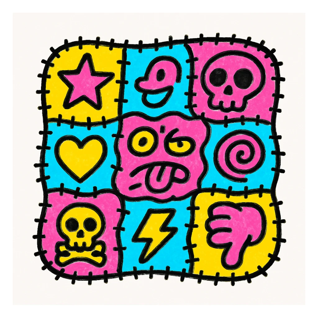 A chaotic patchwork quilt emoji with mismatched symbols and icons, evoking a deliberately absurd and brain-melting feel, grotesque and nonsensical sticker