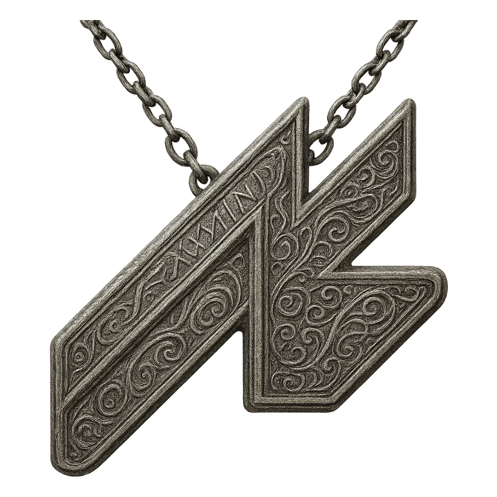 Create an Elden Ring talisman version of the Assetto Corsa logo. The talisman should be silver with intricate engravings and suspended from a chain. The background should be transparent. sticker
