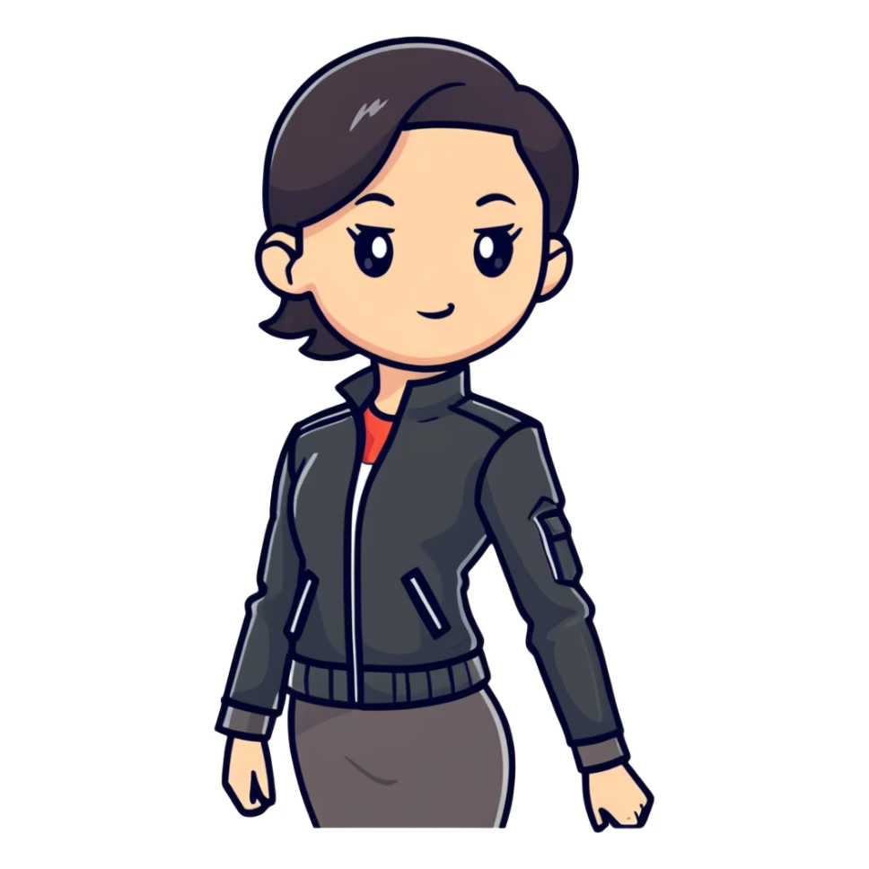 female character with oval-shaped flat-top head wearing a tight-fitting elbow-length black leather jacket sticker