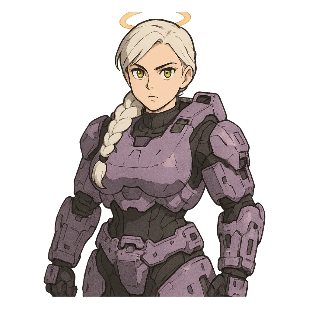 female, wearing reach spartan armor default, long white braid hair, gold yellow eyes, attention pose, halo series, no helmet, the armor is lavender color scheme and has no shoulder pad attachments. DDD bust size fitting. Punk gothic cyberpunk sticker