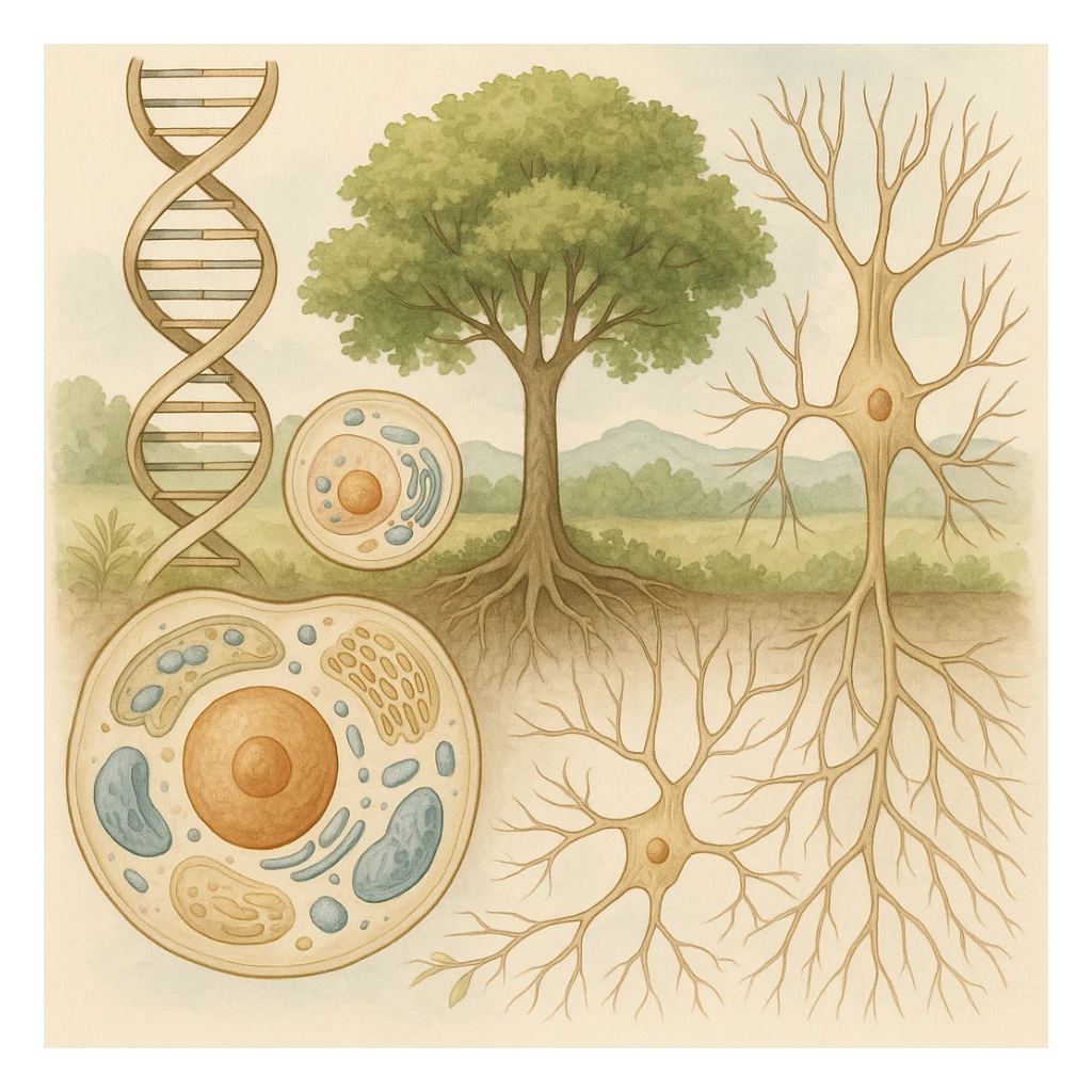 A realistic biological illustration (like in a school book) showing: DNA strands transitioning into a tree, cells with visible organelles, neurons connected to plant roots  and a balanced ecosystem background . Seamless integration, no labels or borders. Scientific color scheme, detailed but minimalist. sticker