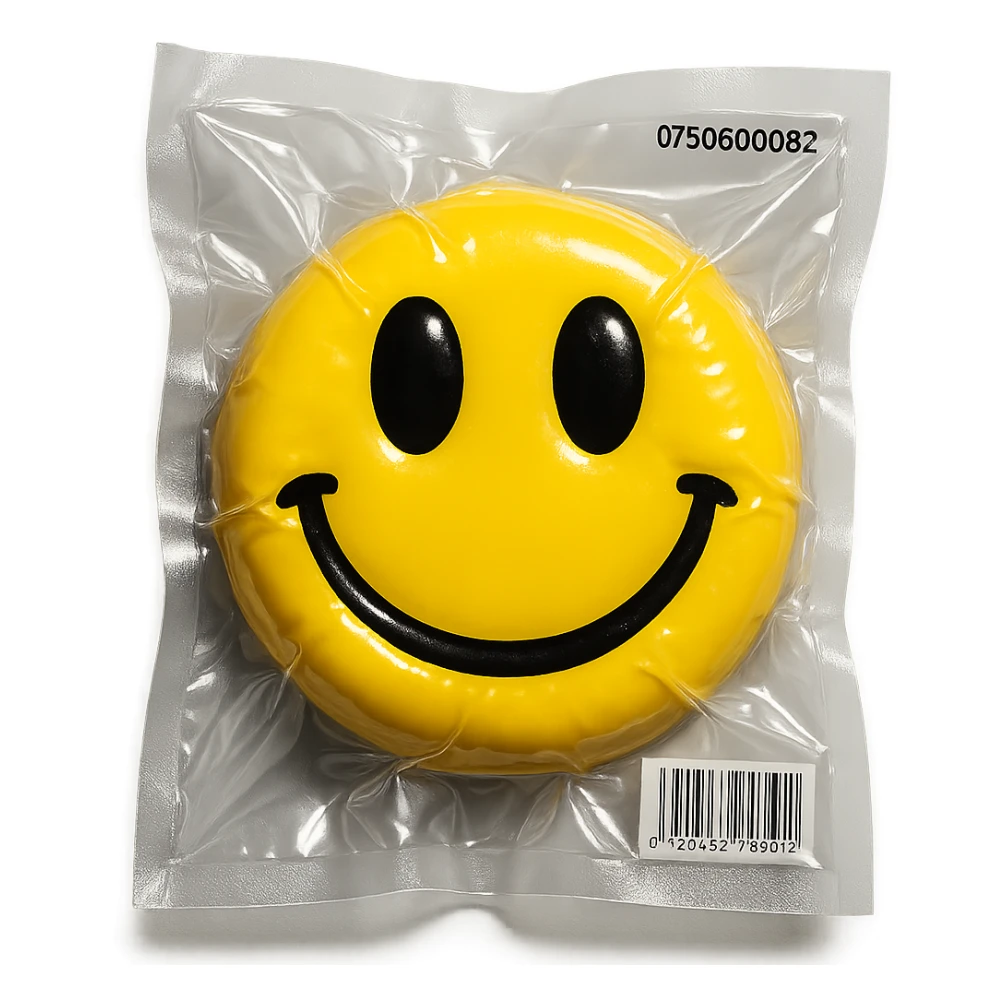 smiley face with shiny and squished look, vacuum-sealed style sticker