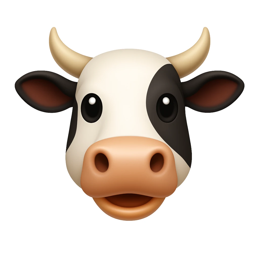 Create a cow face emoji that looks exactly like the reference image, in iOS emoji style. The emoji should have 3D appearance, shiny surface, smooth gradients, soft shadows, a friendly expression, black and white markings, and horns. Add a glossy effect to the nose. sticker