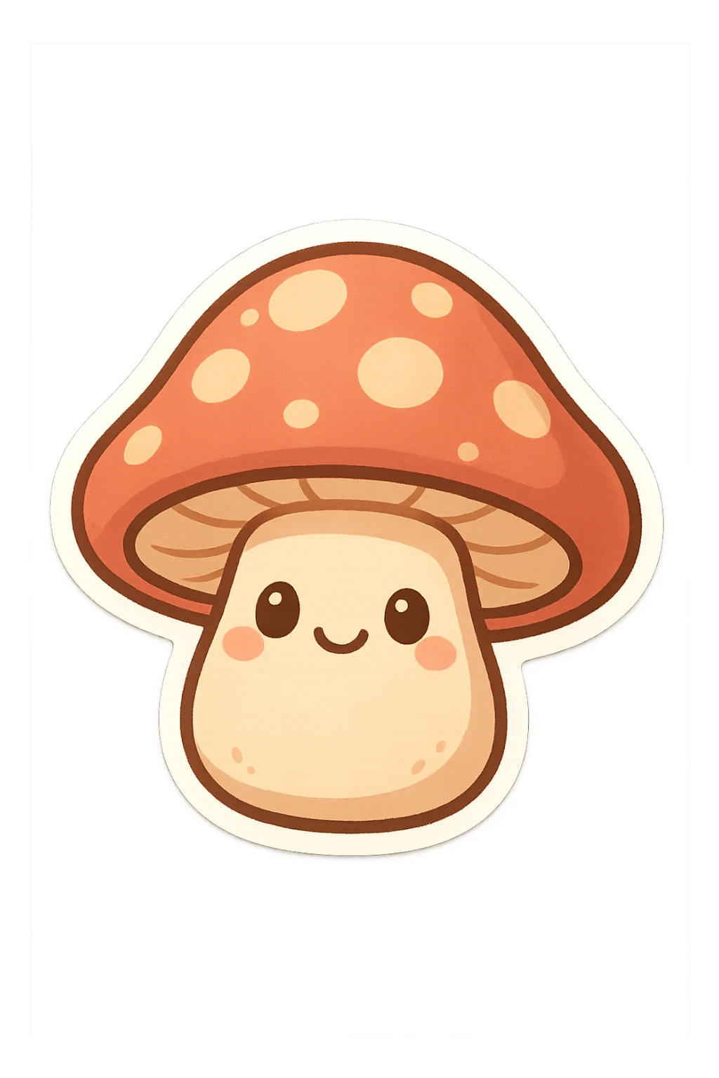 chibi sticker-style mushroom with a smiling face, cute and exaggerated sticker