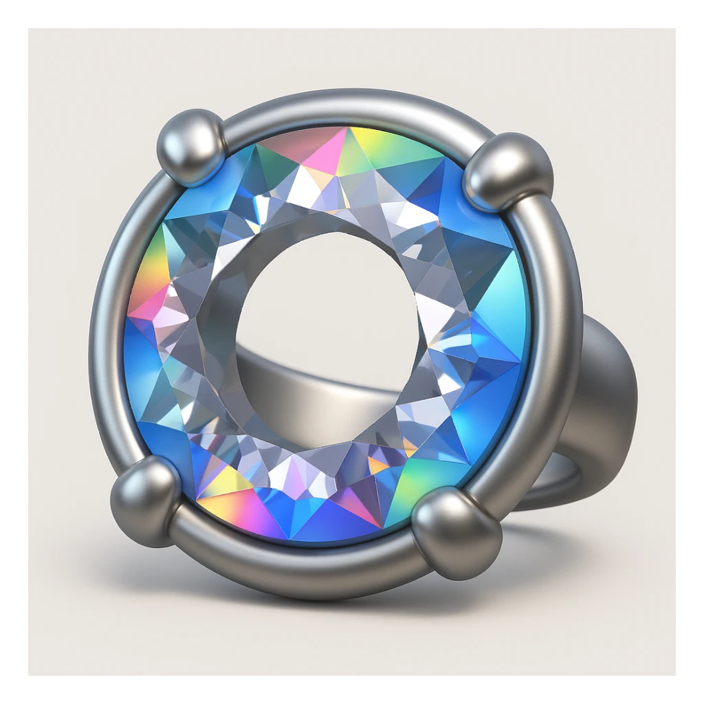 Make it 3D emoji style: add a silver jewelry setting to the round cut white diamond with intense holographic rainbow reflections sticker