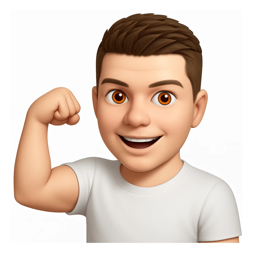 Based on these photos, make an emoji with facial features intact, man in white t-shirt, showing muscles sticker