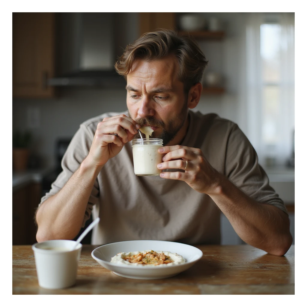 hyperrealistic 4K man isolated on white background having breakfast, eating yogurt, natural pose, realistic details, variant 6 sticker