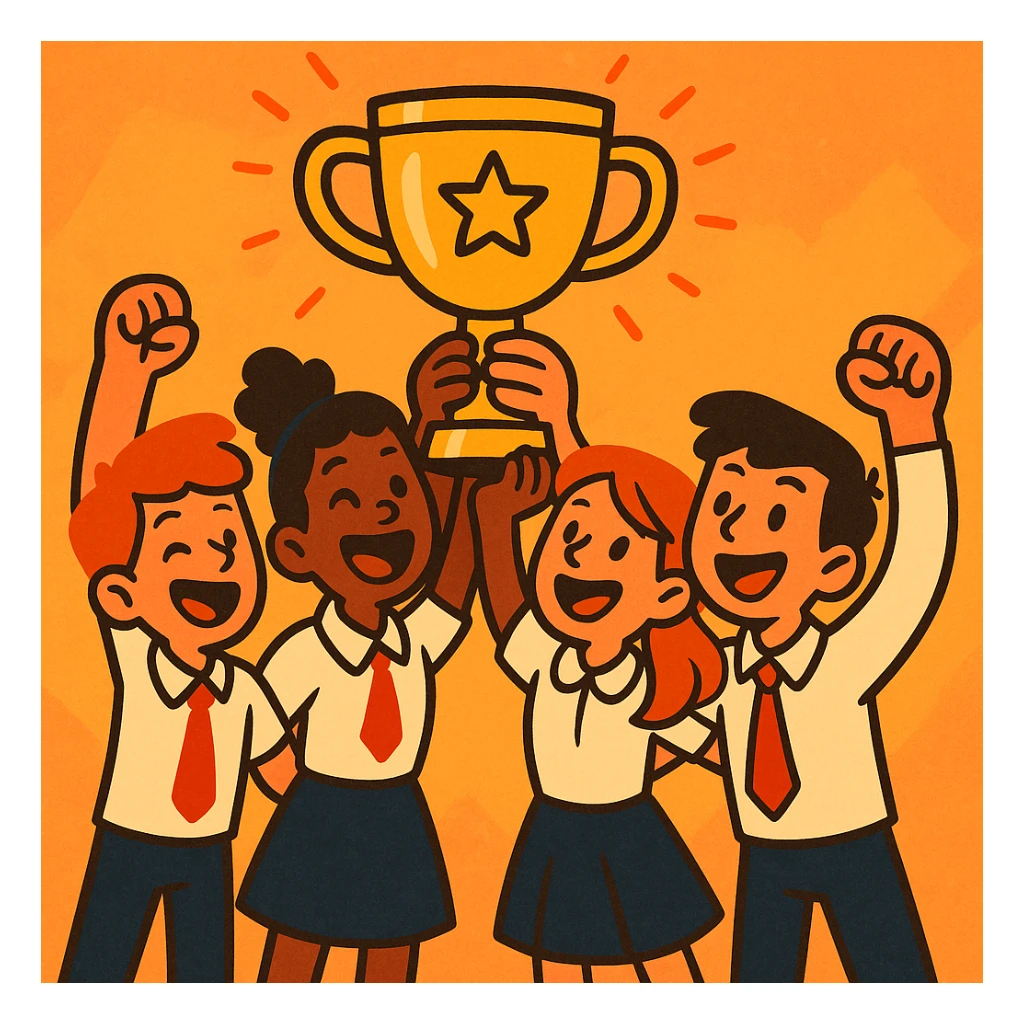 quatre étudiants soulèvent un trophée, ambiance chaleureuse, illustration expressive, vibrant colors, dynamic composition sticker