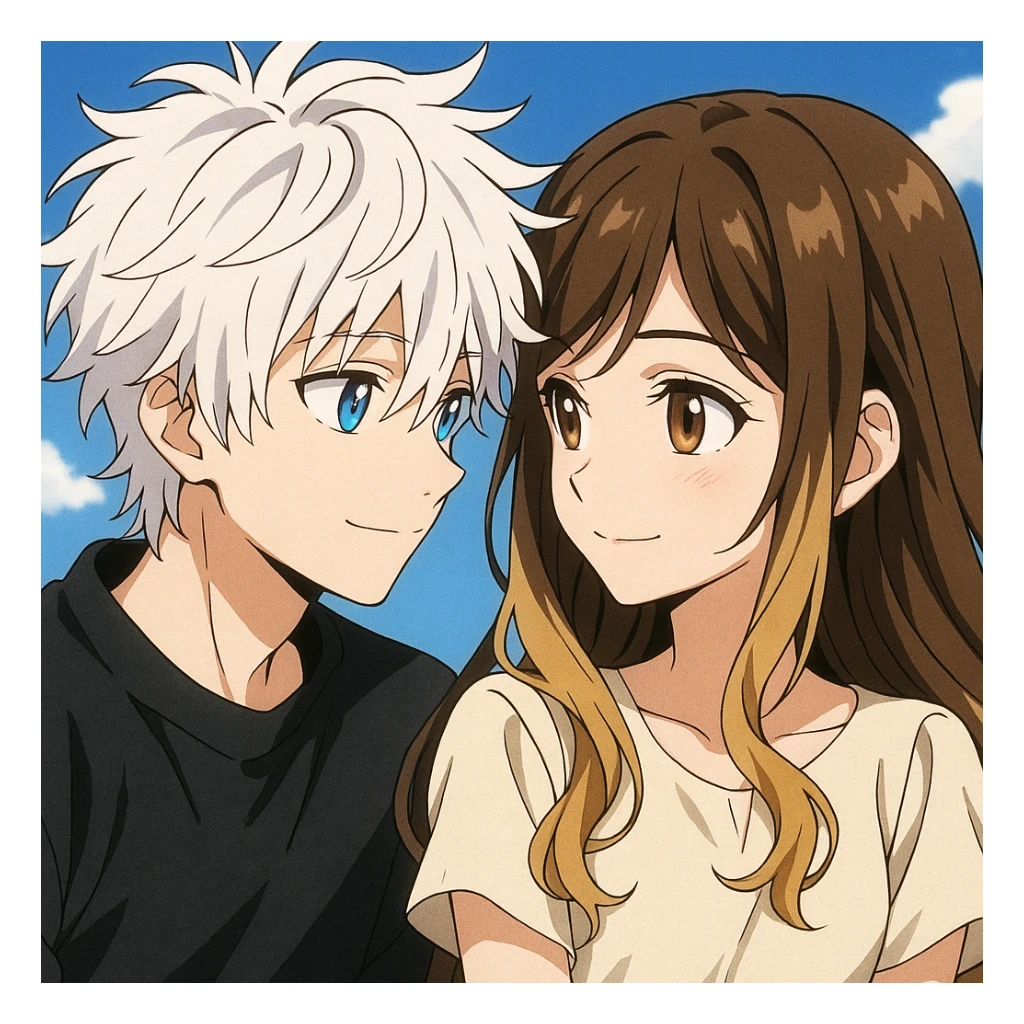 anime style, a boy with messy white hair and blue eyes looking lovingly at a beautiful girl with brunette and blonde hair and brown eyes sticker