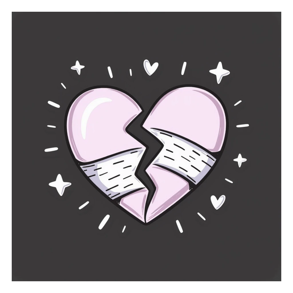 broken heart emoji with jagged split and bandage over the crack, chalk style, soft lilac color palette, rough doodle-like texture as if drawn with pastel chalk on a dark surface, surrounded by soft curved motion lines and subtle sparkles, aesthetic and emotional Telegram channel sticker