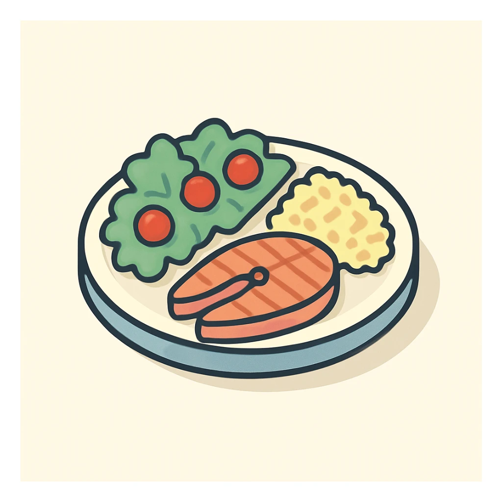 Harvard plate, half with lettuce and cherry tomatoes, one quarter with grilled salmon steak protein, one quarter with bulgur complex carbs, 2D isometric illustration style sticker