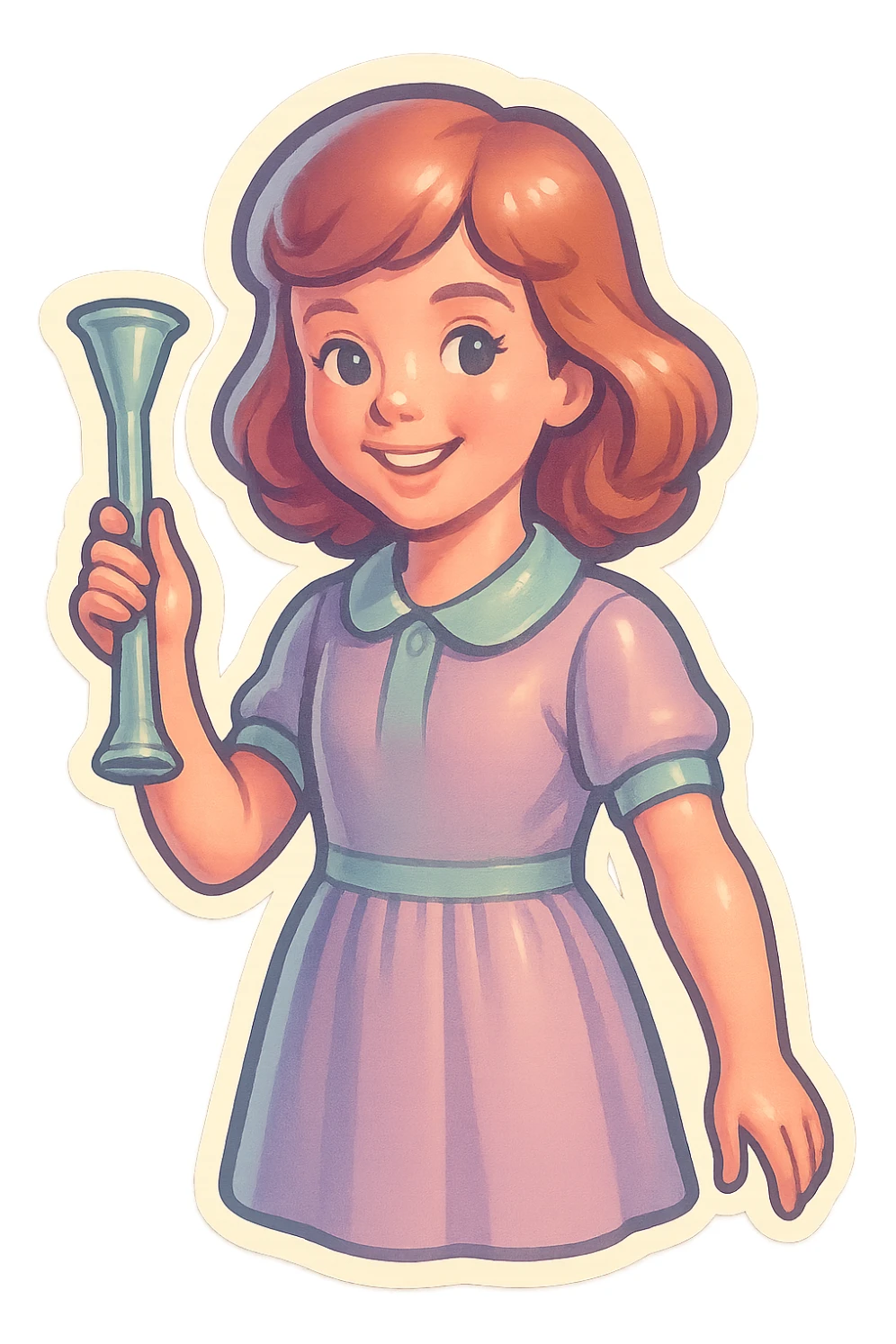 girl with appearance and clothing like the reference, holding an obstetric stethoscope in one hand, other hand down, smiling, detailed shadows and highlights, thin clean contours, soft rounded shapes, pastel palette #98B5BC, #B5B3C1, #C9A3C9, #E4C0CA, #F7DCD1, #F7C0AA, soft lighting, transparent background, no decorative elements, reference: https://attic.sh/jau3edb21wpllq8y3t37clkve1d7 sticker