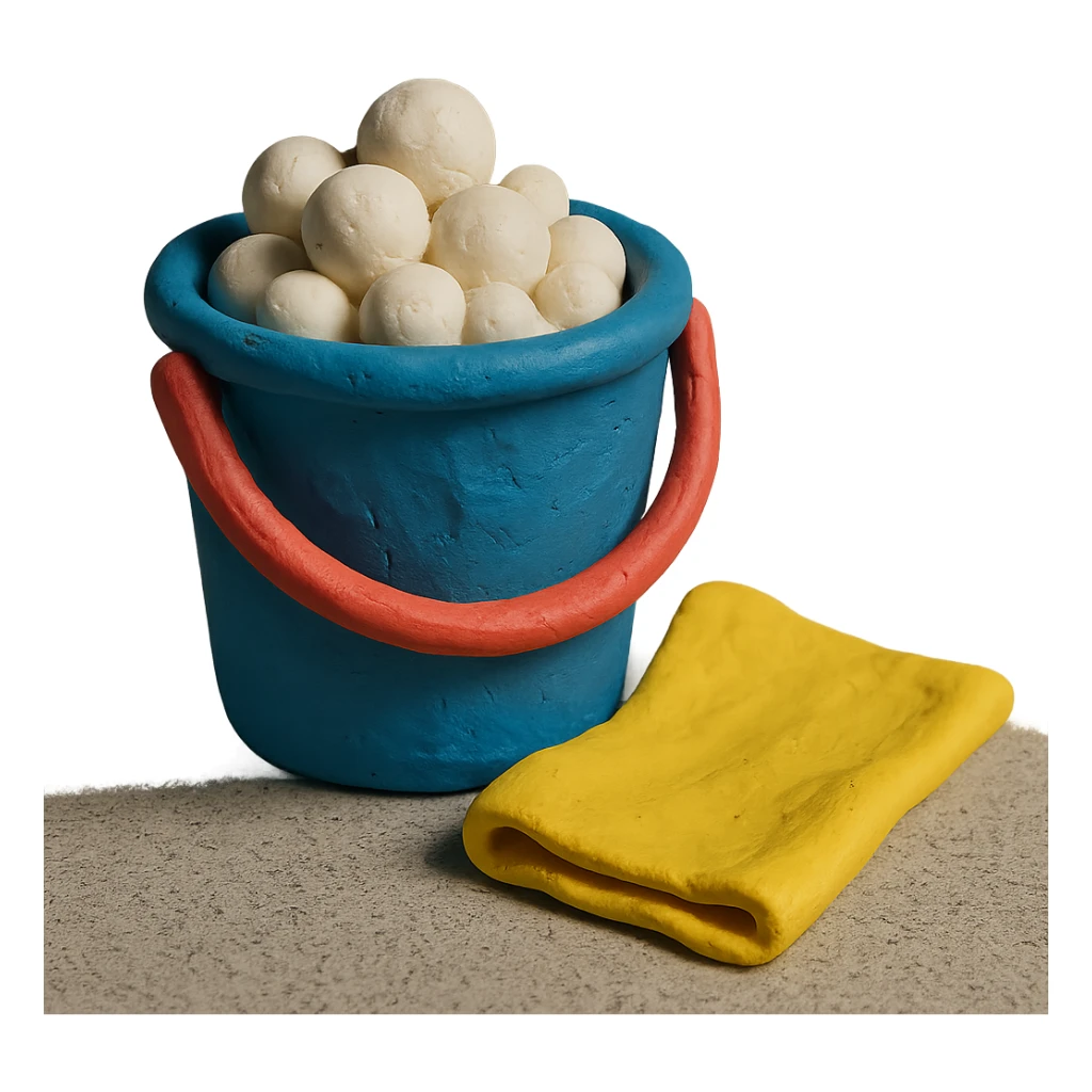 bucket with bubbles and cleaning cloth in claymation style, soft matte finish sticker