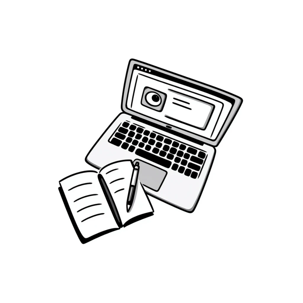 top view of a MacBook and a notebook with a pen nearby, different arrangement sticker