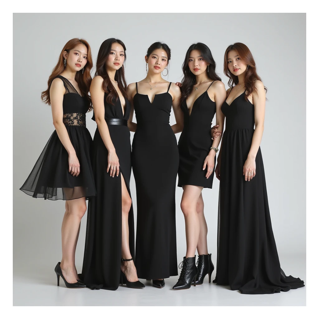 Blackpink K-pop group, group pose, photorealistic, elegant dresses, sophisticated and poised sticker