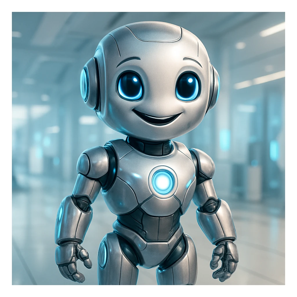 AI robot, futuristic, friendly, metallic, glowing accents sticker