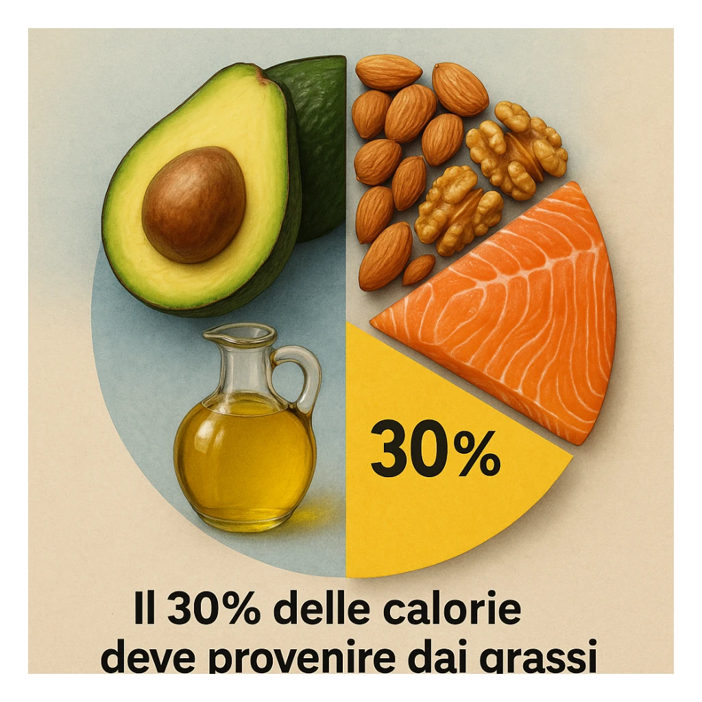 realistic infographic of food composition (avocado, olive oil, nuts, salmon) arranged to form a pie chart highlighting 30% fats, caption in Italian: 'Il 30% delle calorie deve provenire dai grassi', educational style, colorful background sticker