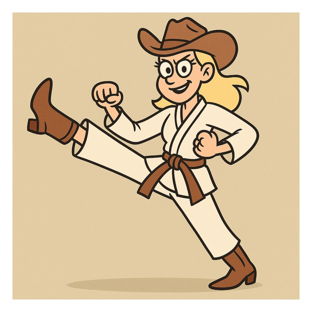 karate cowgirl, dynamic pose, western hat, martial arts uniform, confident expression, energetic sticker