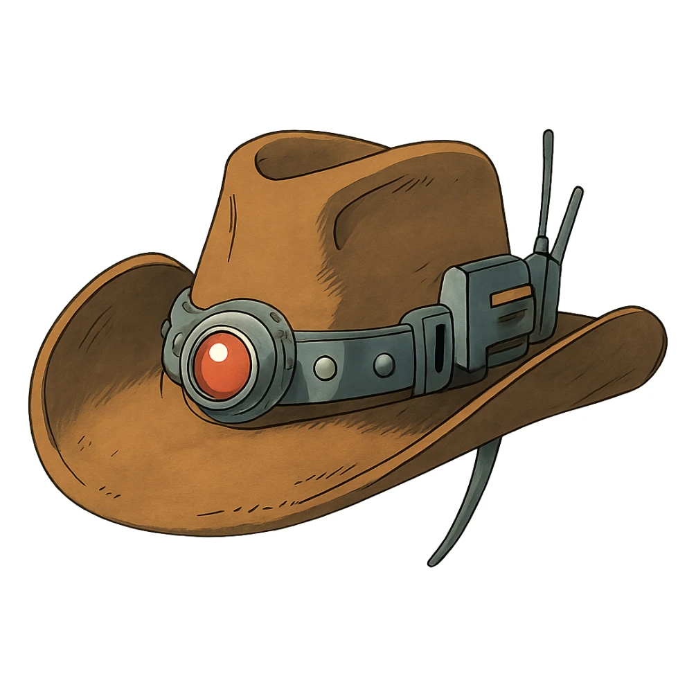 a tricked out futuristic cowboy hat, viewed 2/3 to the front sticker