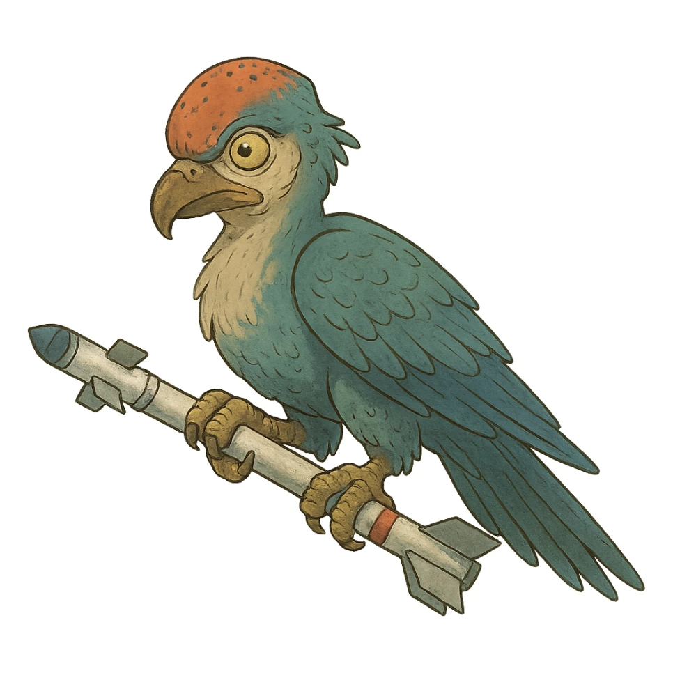 an insignia for a flag: a strange foreign alien bird creature, gripping a sidewinder missile in its' powerful claw
 sticker