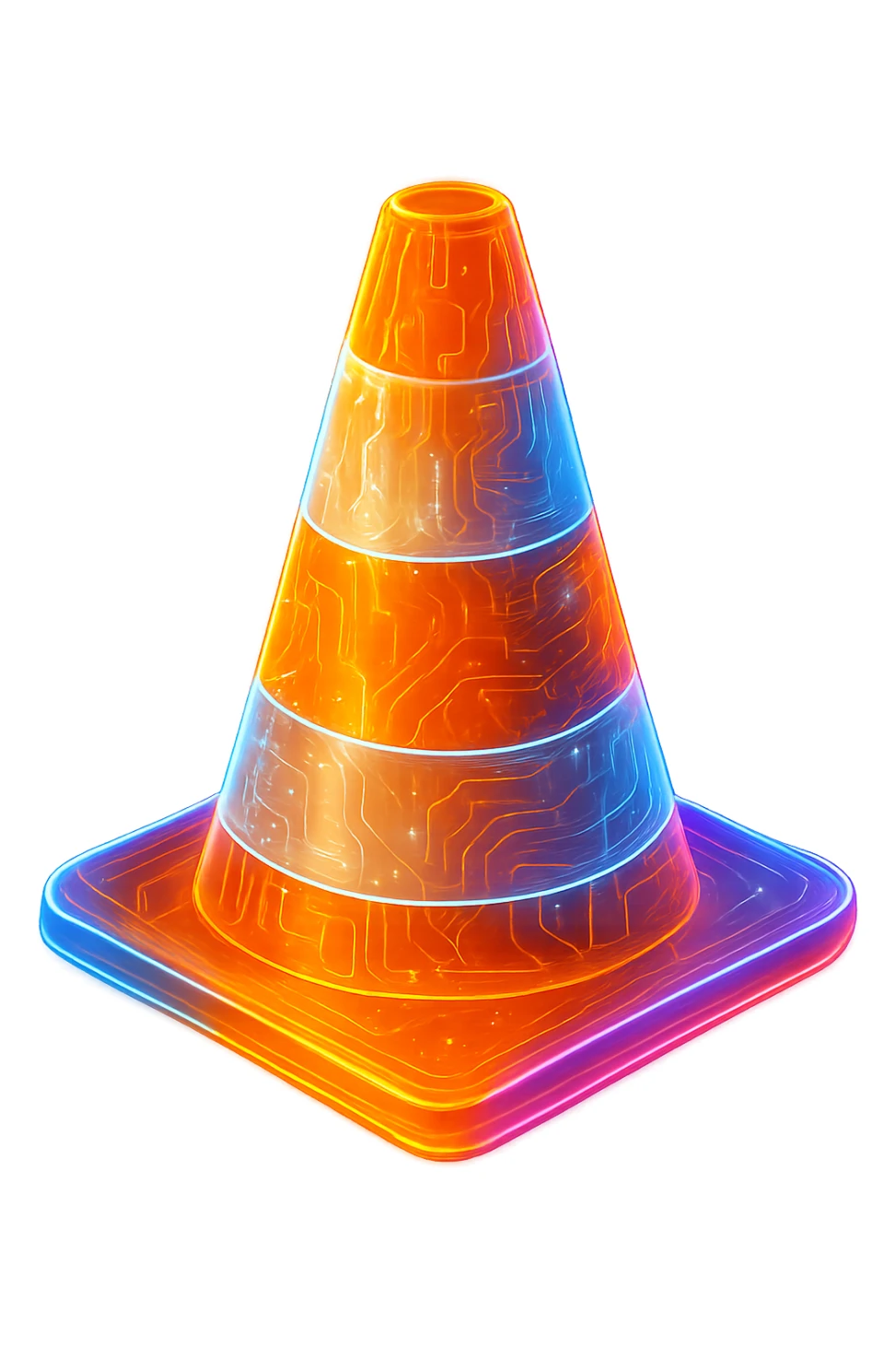 Transform the VLC cone icon into a cyberpunk, holographic style with glowing neon orange, blue, and pink edges. Add intricate circuit patterns throughout the entire icon while maintaining the recognizable orange and white cone shape and colors. Overlay neon and circuit effects in a futuristic, clean style consistent with cyberpunk glow and intricate circuit details. The background should be transparent. sticker