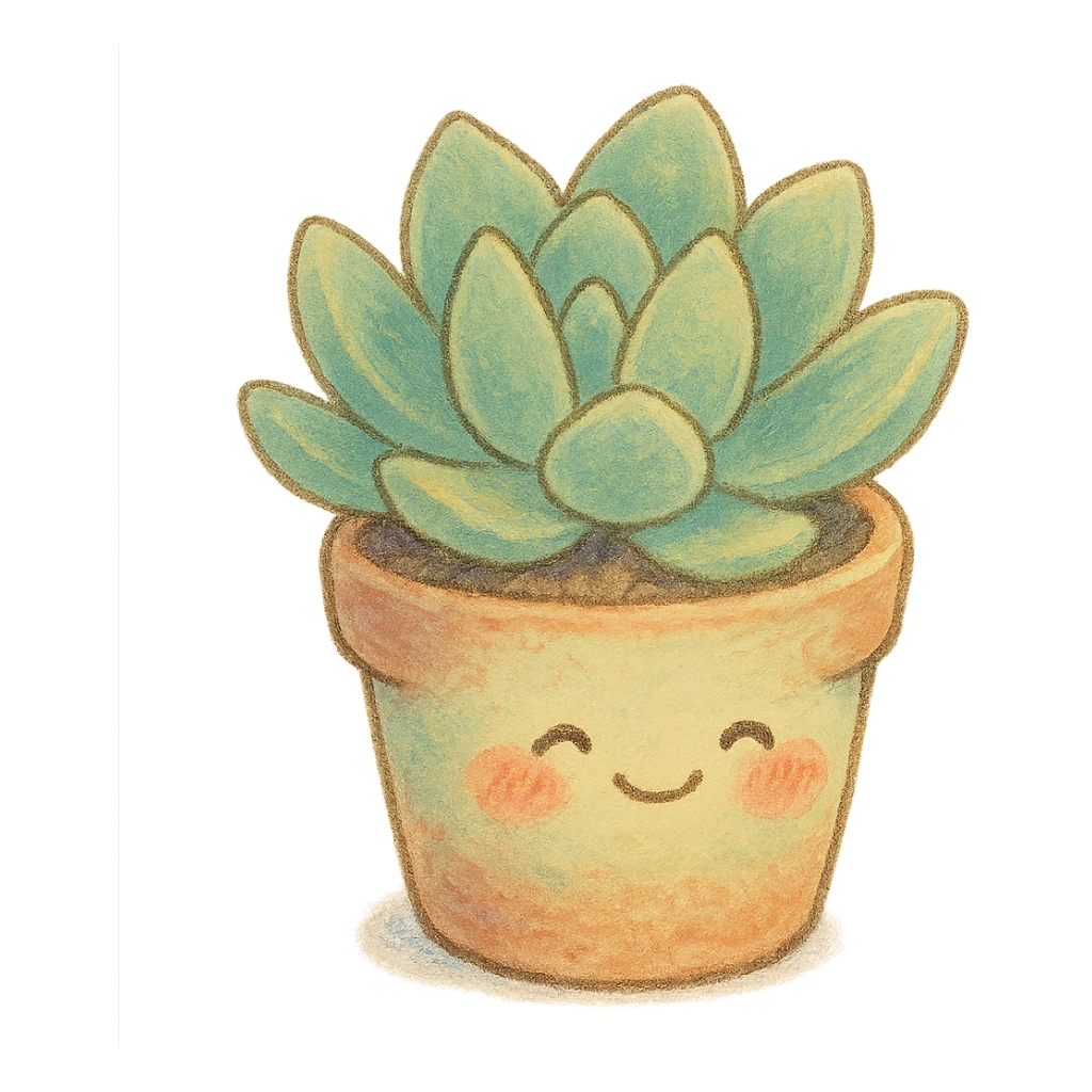 small potted succulent plant, Japanese pastel hand-drawn, full object, transparent background, with blushing cheeks sticker