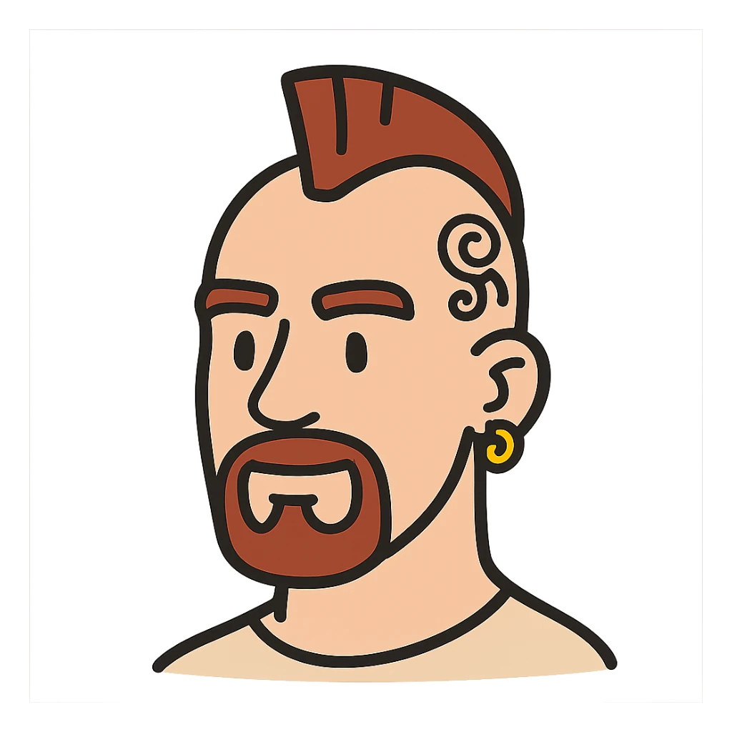 flat toon style head of a white man with a goatee, mohawk, earring, and head tattoo sticker