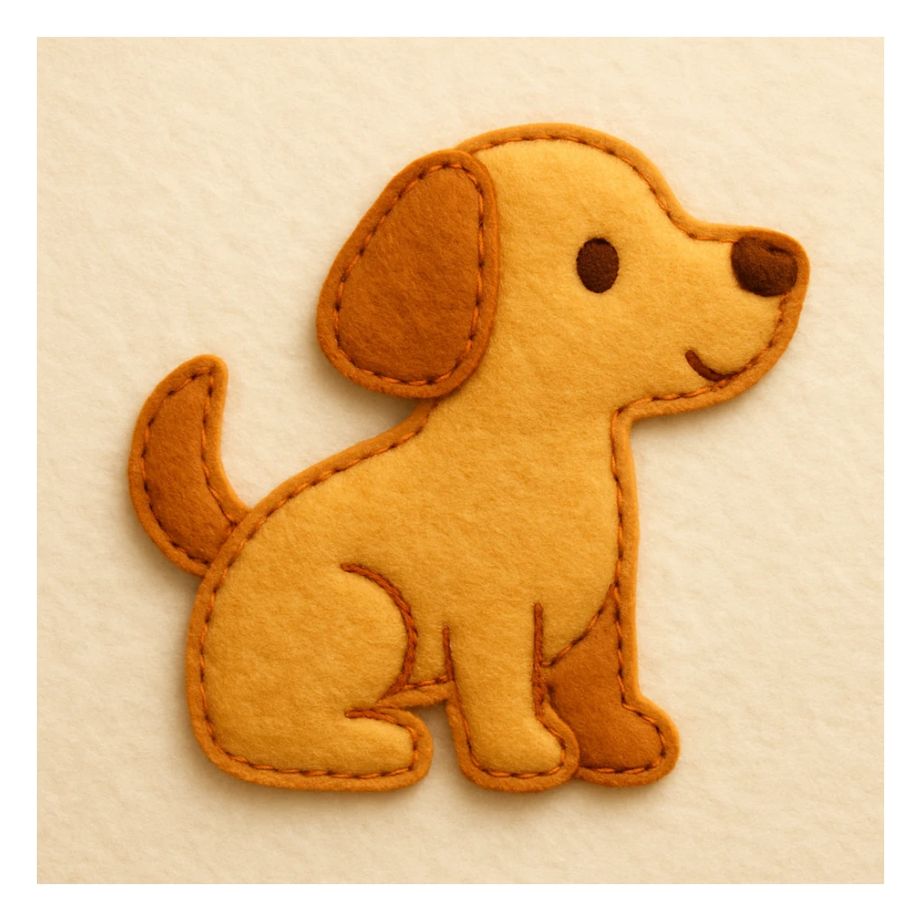 Minimal felt appliqué icon of a dog with soft, handcrafted felt look, lightly padded forms, simple shapes, clean outlines, medium-thickness orange or brown stitched edge, soft matte felt texture, warm yellows, oranges, and browns, small round eyes, simple nose, minimal mouth, subtle shadows, soft lighting, front or side profile, neutral off-white background sticker