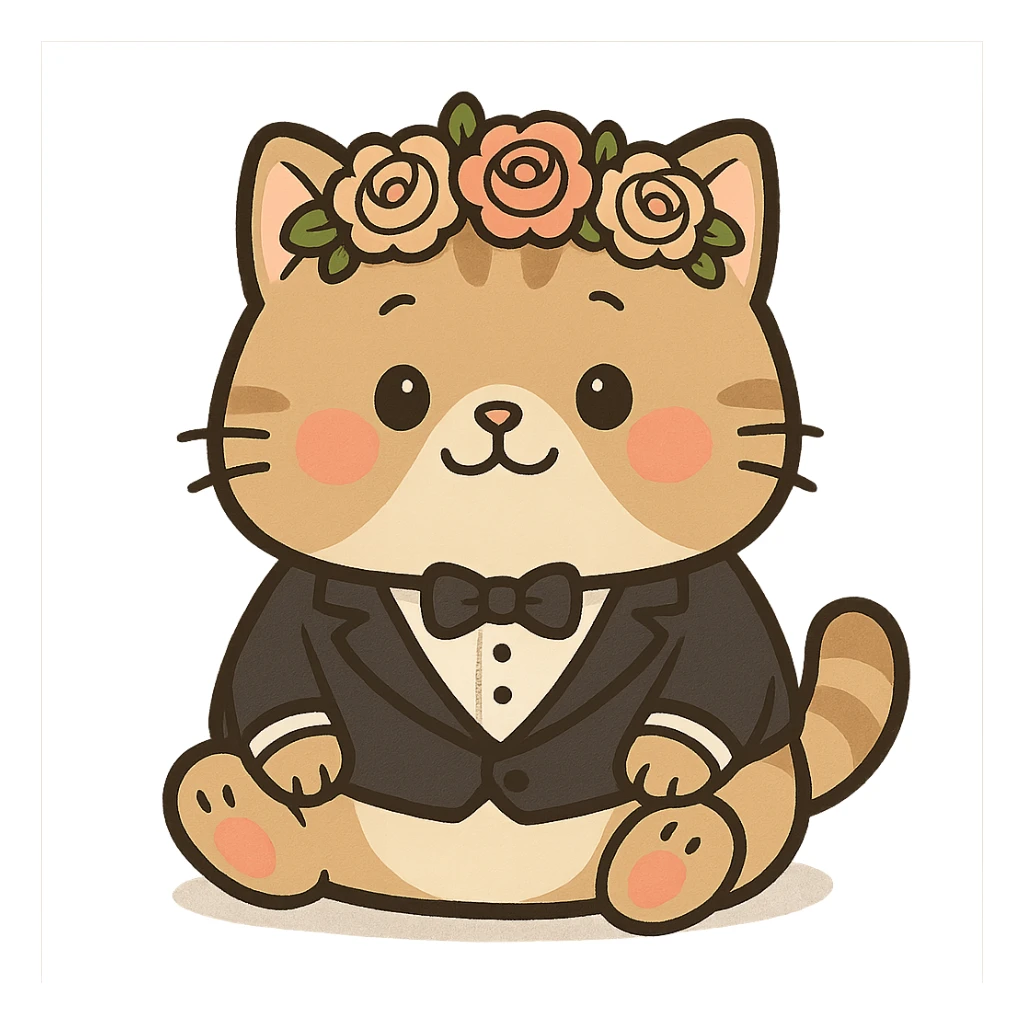 A chubby kitten wearing a tiny tuxedo and a flower crown, in a cute cartoon style sticker