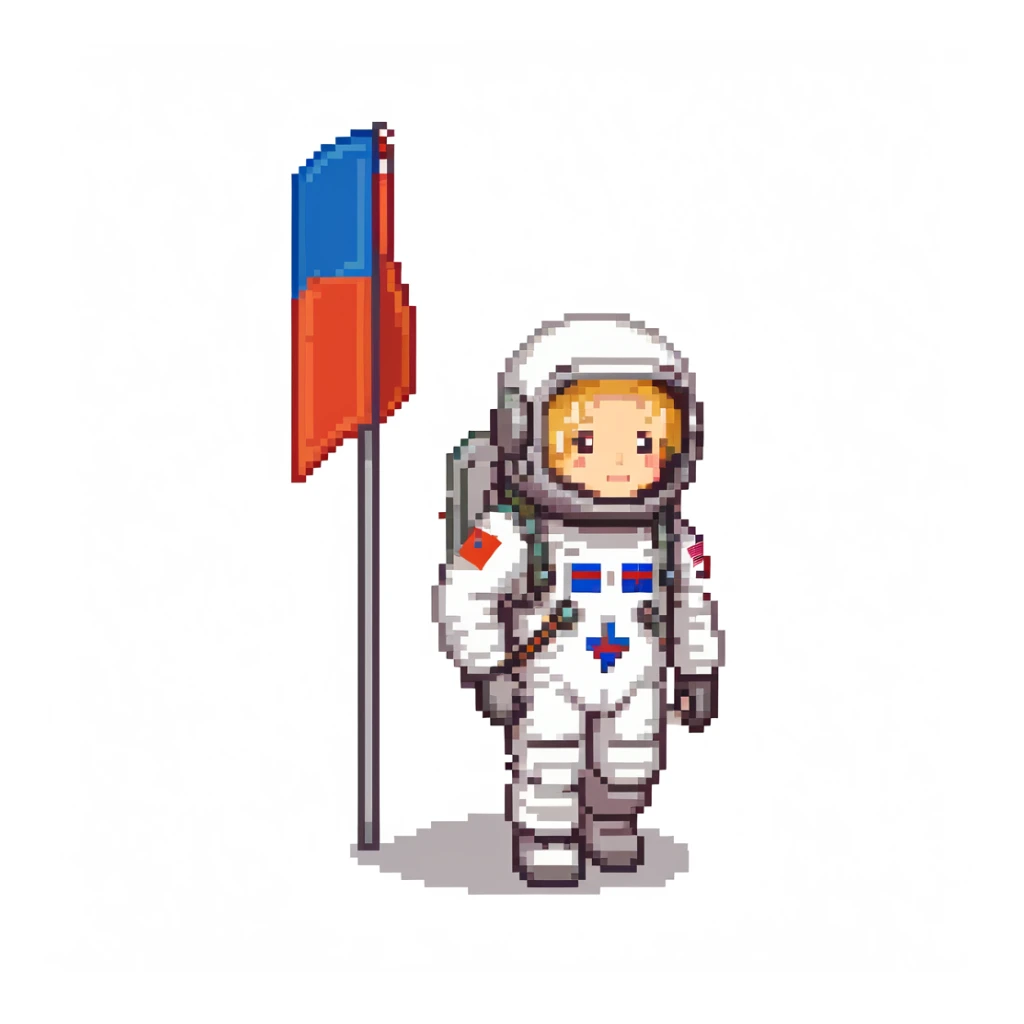Cosmonaut walking on a planet surface, wearing a spacesuit with Russian flag, light hair and light skin visible through helmet sticker