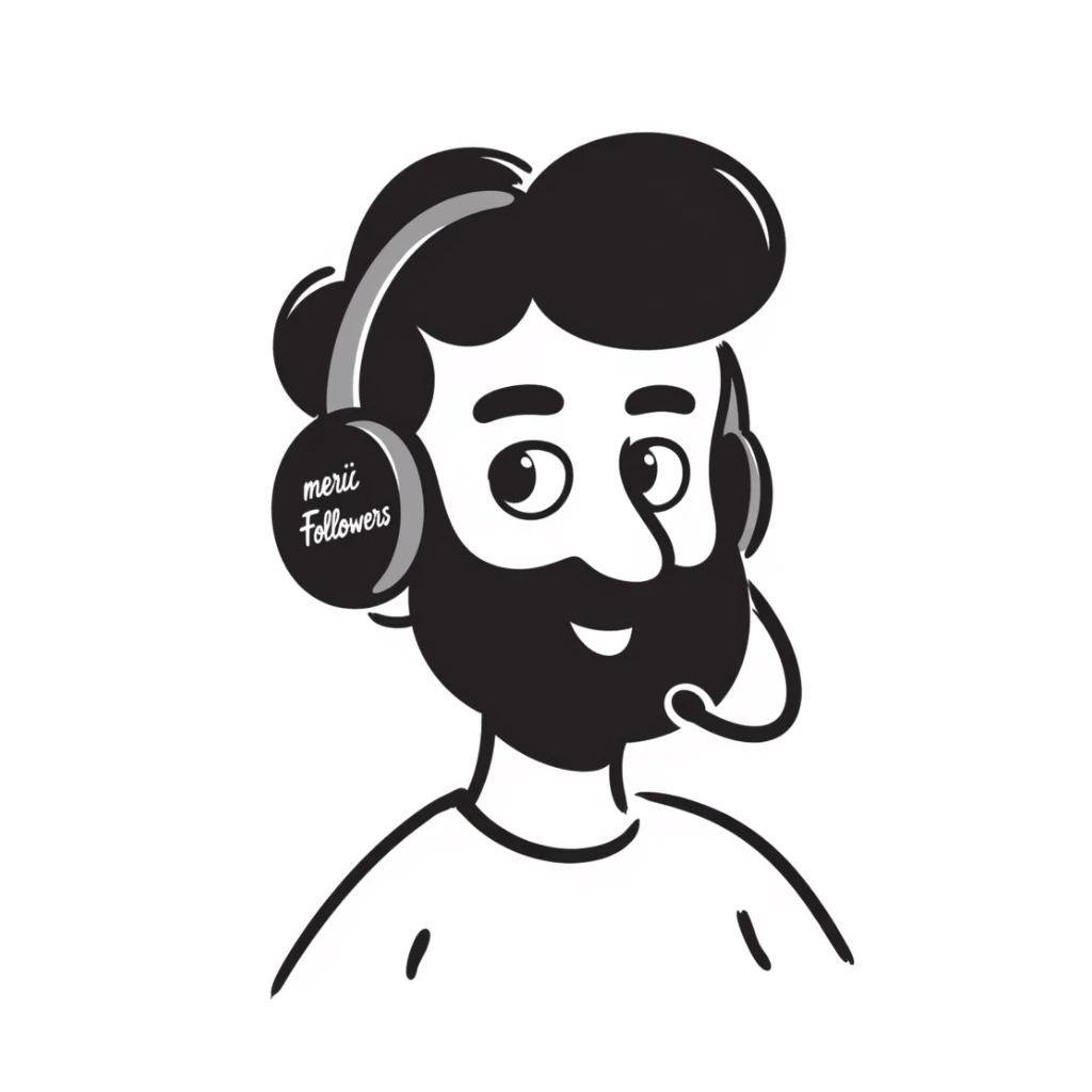 A person with black hair, brown eyes, black beard wearing a gaming headset "merci Followers" sticker