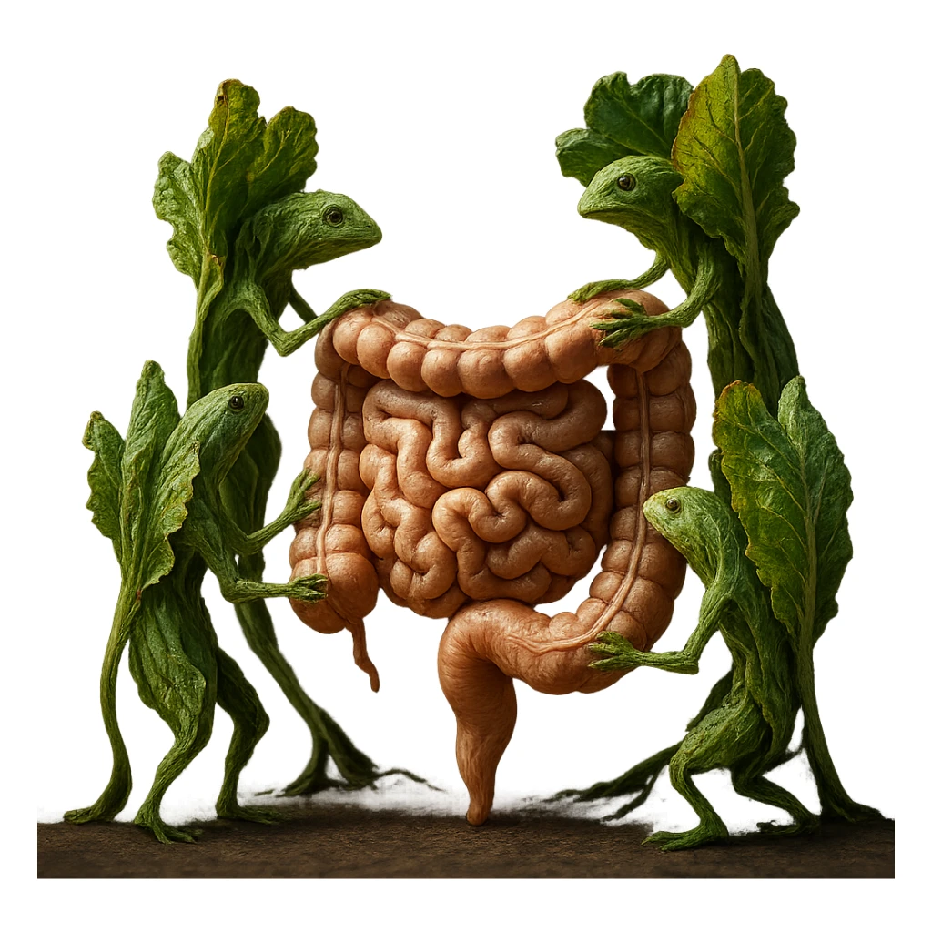Ultra-realistic 4K illustration: stylized lettuce leaves depicted as plant-like creatures interacting with a human anatomical model of the intestine. The scene is surreal and scientific, with organic textures, refined biological details, dramatic lighting, and a bio-fantasy photorealistic style sticker