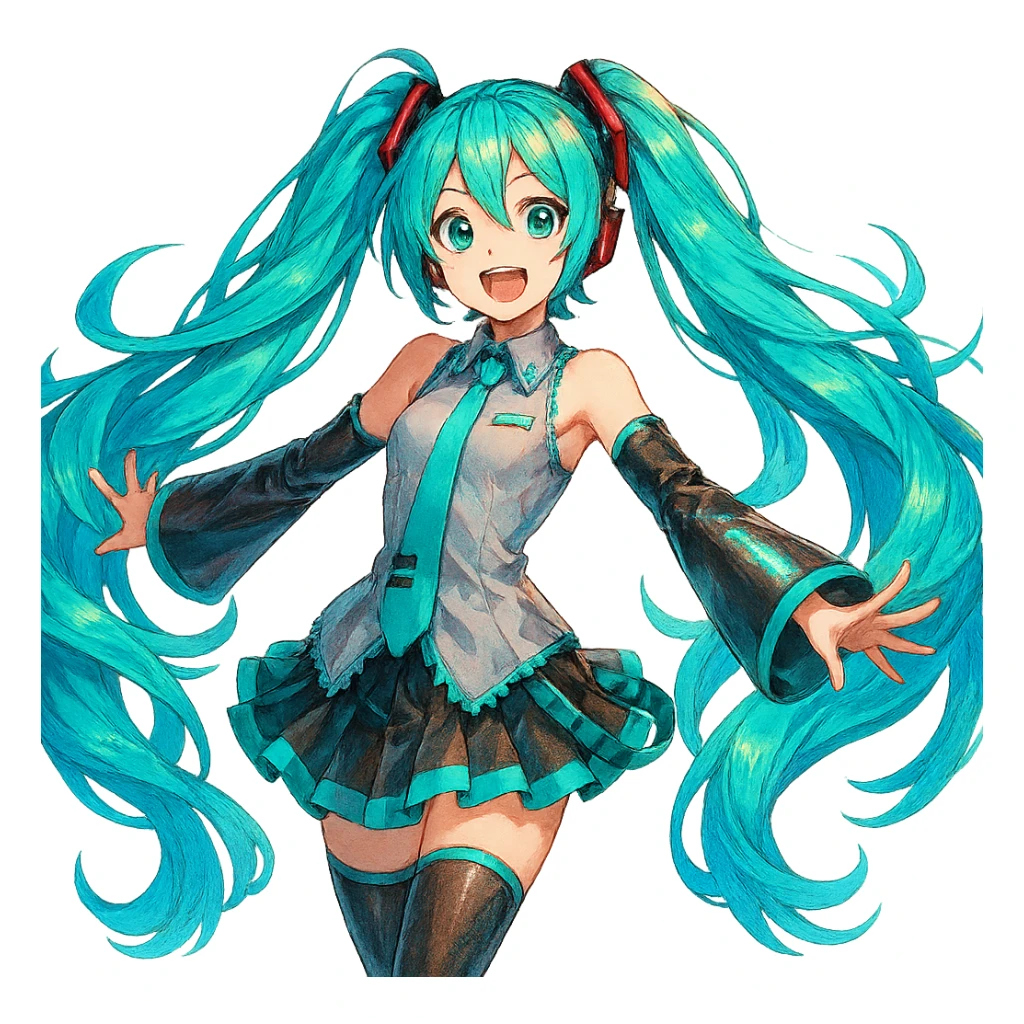 Hatsune Miku, teal twin tails, futuristic pop idol, vibrant, energetic sticker