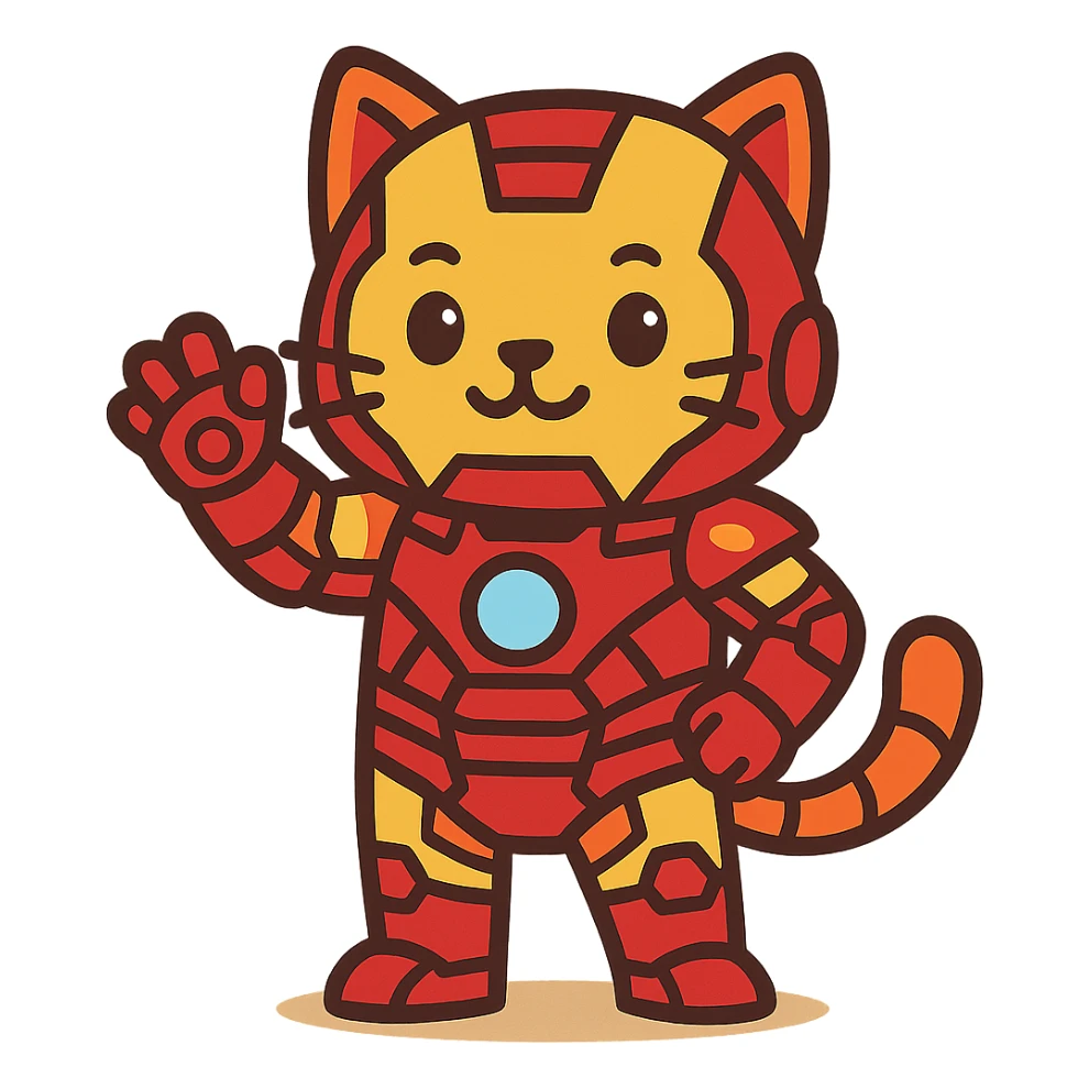 a cute cat in an Iron Man suit, cartoon style, bright red and gold armor sticker